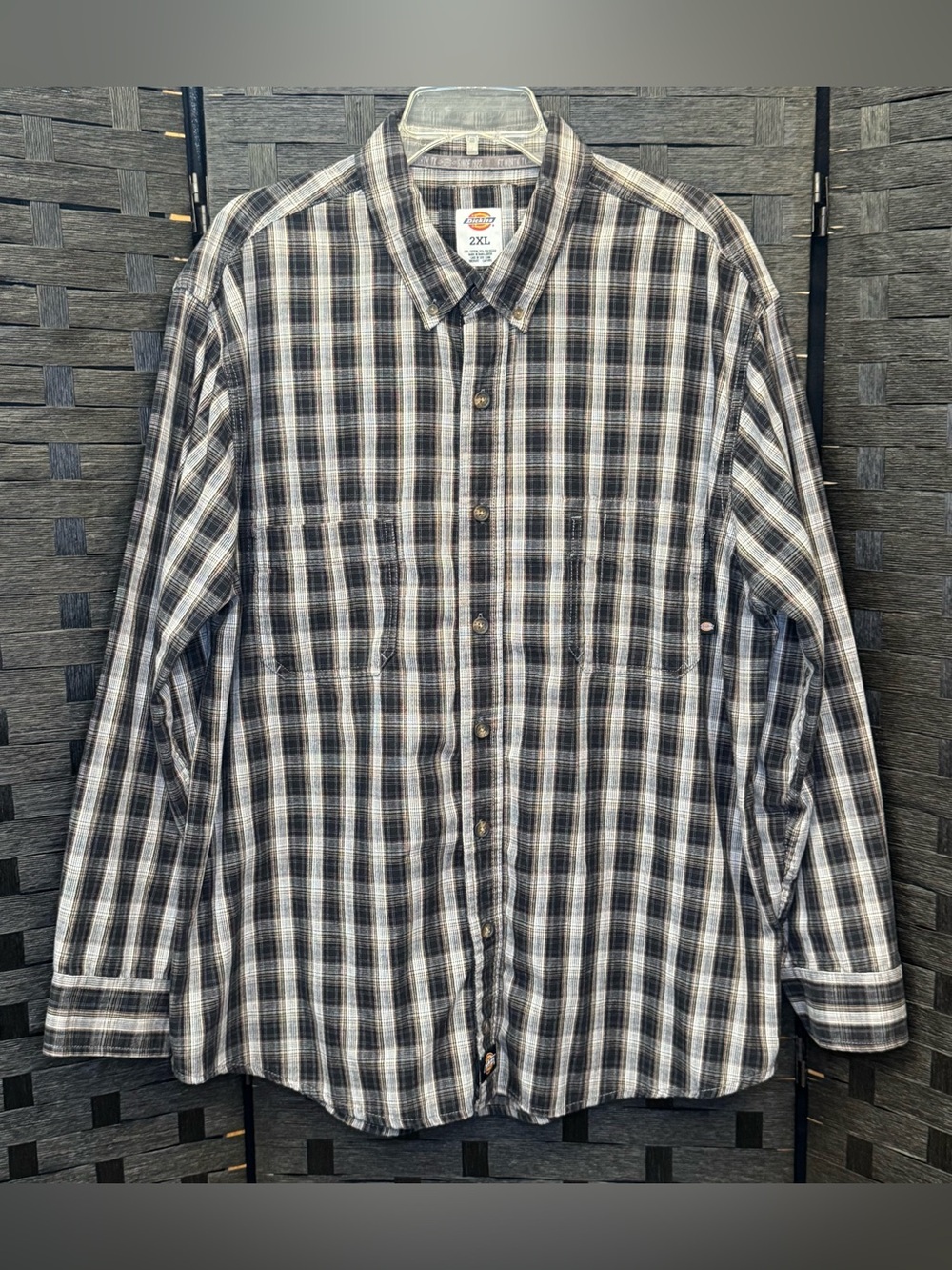 Dickies vintage Men's Grey Black and White Plaid Button-Down Shirt